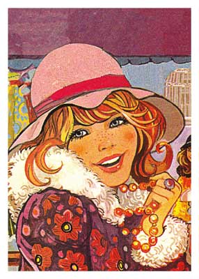 Illustration of a smiling woman with red hair wearing a pink hat and a floral patterned coat.