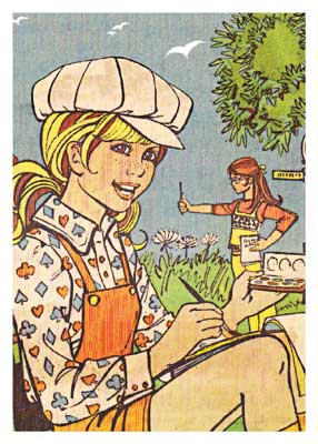 Illustration of two girls outdoors: one smiling writing, the other painting a fence in the background.