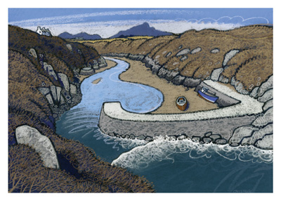 Drawing of a rocky coastal bay with a winding river, pier, small boat, and distant house on hills.