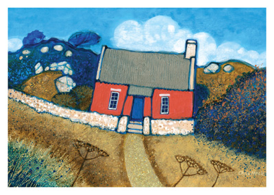 Colorful painting of a red house with a stone wall, set against hills and a bright blue sky.