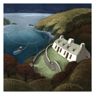 Illustration of a white cottage on a hill by a bay with a boat sailing in blue water and surrounded by trees.