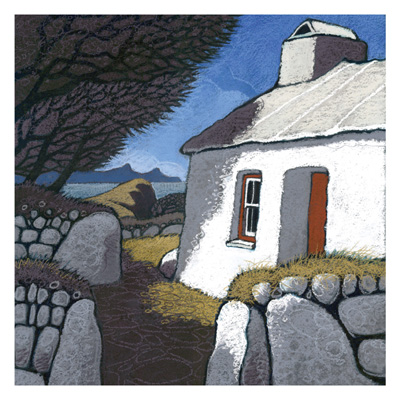 White stone cottage with a chimney beside a path and stone walls under bare tree branches.