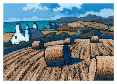 Painting of rolled hay bales in a field with a white farmhouse and hills by the sea in the background.