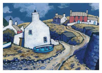 Painting of a coastal village with white cottages, a blue boat, and winding paths under a cloudy sky.