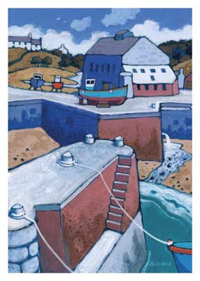 Painting of a coastal harbor with boats, buildings, a ladder, and water flowing through a channel.
