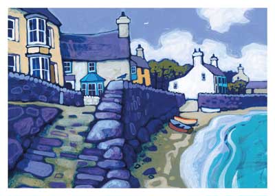 Painting of a seaside village with stone steps, a sandy beach, blue water, and houses under a cloudy sky.