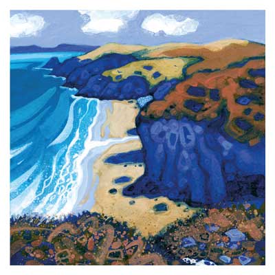 Colorful painting of a coastline with blue cliffs, sandy beach, ocean waves, and cloudy sky.