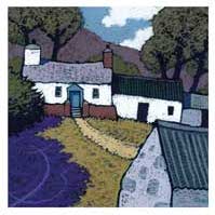 Painting of a white house with blue door under large trees and a stone wall in front.