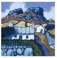 Painting of white cottages with stone fences on a hillside beneath rocky cliffs under a cloudy sky.