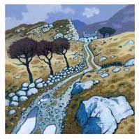 Path winding through rocky, grassy hills with a few trees and scattered stones under a cloudy sky.