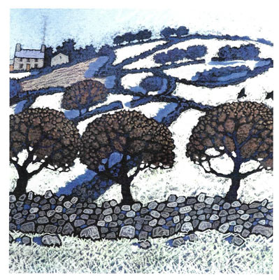 Stylized rural landscape with three leafless trees, stone wall, fields, and a farmhouse in background.