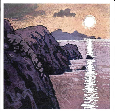 Illustration of rocky cliffs by a calm sea under a setting sun with clouds and reflections on water.