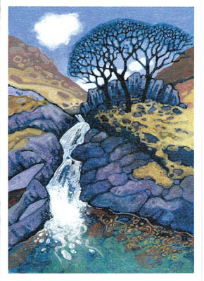 Artistic landscape with rocky hills, blue trees, small waterfall, and a cloud in the sky.