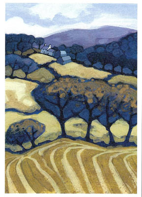 Landscape painting of rolling hills with trees, fields, and a small cluster of buildings under a cloudy sky.