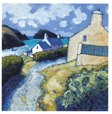 Painted coastal scene with white houses, a winding path, green bushes, blue sea, and cloudy sky.