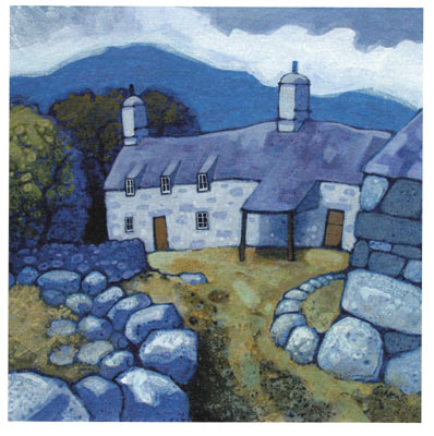 Painting of a stone cottage with chimneys, surrounded by stone walls and a path, with mountains in the background.