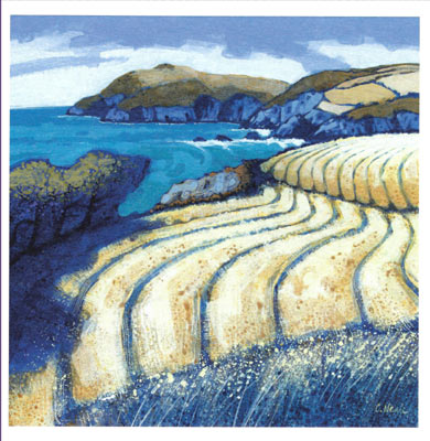 Artistic landscape of terraced fields near rocky coastline with hills and blue ocean under a sky.