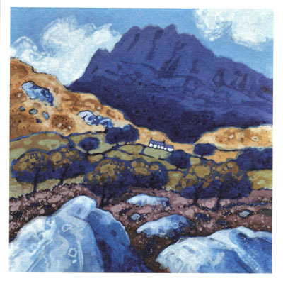 Painting of a mountainous landscape with blue rocks, trees, and a small white building in the valley.