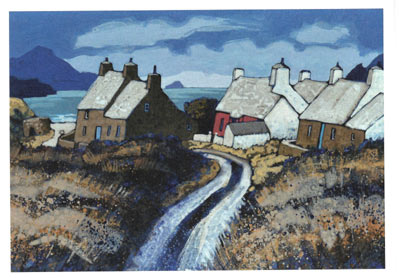 Painting of a coastal village with white-roofed cottages, a winding road, and distant mountains.