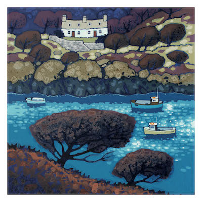Painting of a coastal scene with a white house, rocky shore, two boats, and two windswept trees.