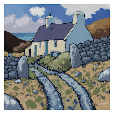 Painting of a blue-roofed cottage by stone walls with a gravel path leading to it near hills and water.
