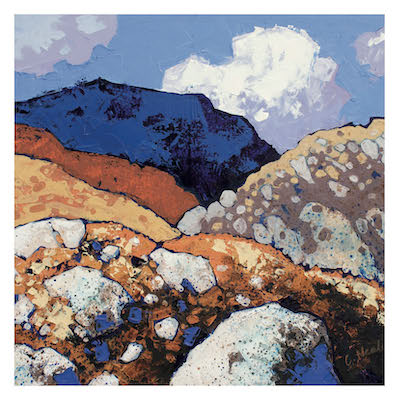 Abstract painting of rocky hills and a blue mountain under a partly cloudy sky.