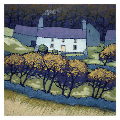 Painting of a white cottage behind a row of trees with yellow foliage in a lush landscape.