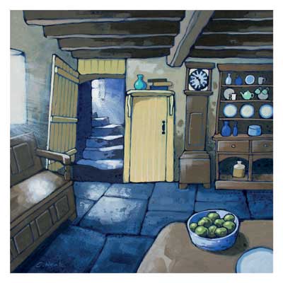 Cozy room with wooden beams, a clock, open doorway with stairs, and bowl of green apples on table.