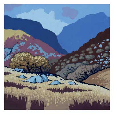 Illustration of mountainous landscape with trees, rocks, and grassy fields under a cloudy sky.