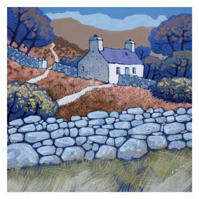 Painting of a cottage behind a stone wall with a winding path and blue trees on a hillside.