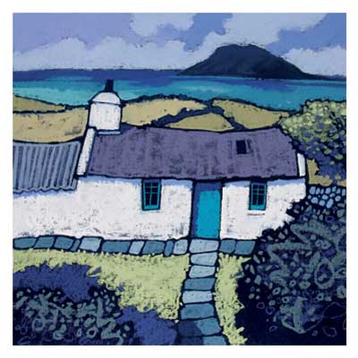Painting of a white cottage with a blue door near the sea and hills in the background.