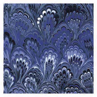 Blue and black marbled pattern resembling peacock feathers with repeating fan shapes.