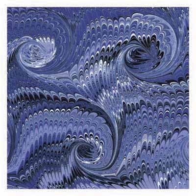 Abstract blue and black swirling pattern with wave-like texture in a square format.