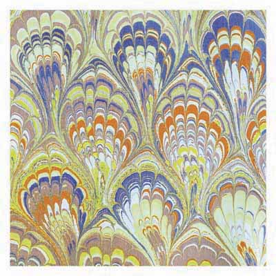 Colorful marbled paper with peacock feather-like patterns in blue, orange, yellow, green, and white.