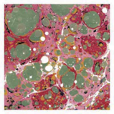 Multicolored abstract marble pattern with green, pink, red, white, and black swirling ovals and spots.