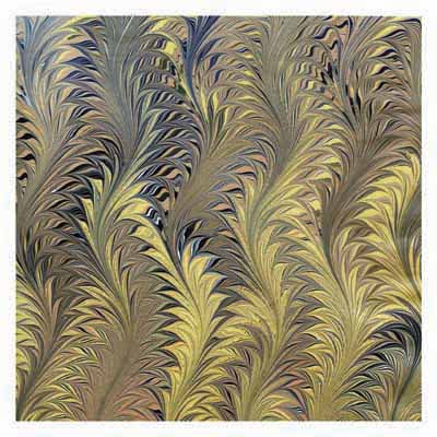 Marbled paper with feathered patterns in shades of yellow, blue, and brown.