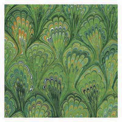 Green marbled paper with a repetitive feathered pattern in shades of green, orange, black, and white.