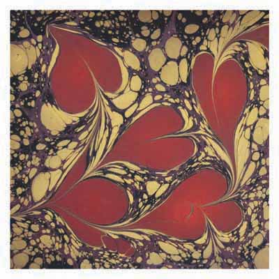 Marbled pattern with red heart shapes surrounded by swirling cream and dark brown colors.