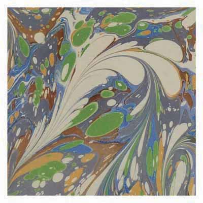 Abstract marbled pattern with swirling shapes in green, blue, white, brown, and gray tones.