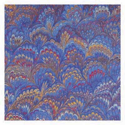 Square marbled paper pattern with blue, purple, red, and yellow feathered swirls.
