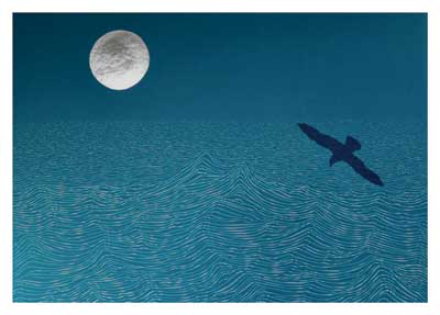 Full moon over stylized ocean waves with a dark bird silhouette flying across a deep blue sky.