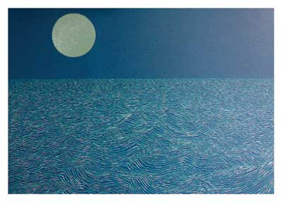 Abstract painting of a large pale moon over a textured blue ocean under a dark sky.