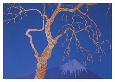 Painting of a leafless tree with a textured trunk in front of a blue mountain under a deep blue sky.