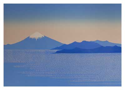 Stylized painting of a mountain with snow on the peak and blue hills by a calm blue body of water.