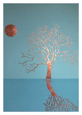 Copper-colored leafless tree with reflection in blue water and round textured orange sun on teal sky.