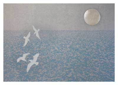 Abstract art of white birds flying over wavy blue water with a silver sun or moon in the sky.