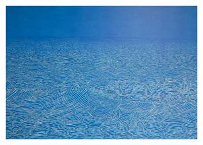 Abstract artwork of blue ocean waves with varying striped patterns under a blue sky.