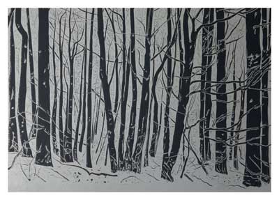 Black and white graphic of tall bare trees in a dense forest with snow on the ground.