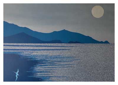 Calm sea at dusk with blue mountains and a pale full moon in the sky.