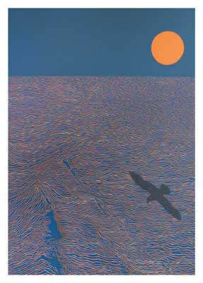 Silhouette of a bird flying over textured land under an orange sun in a blue sky.